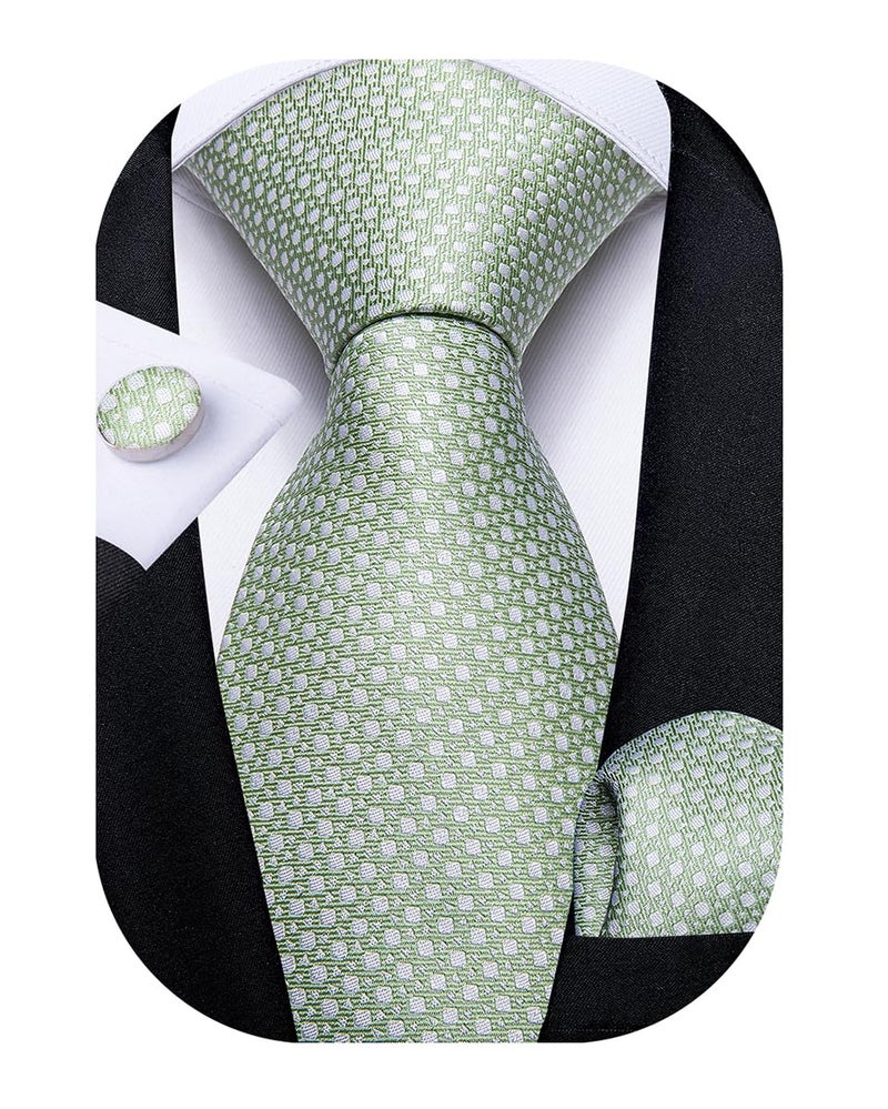 DiBanGu Mens Tie Set Silk Solid Paisley Necktie and Pocket Square Cufflinks Classic Formal Ties for Men Wedding Party, Sage Green - Image 3